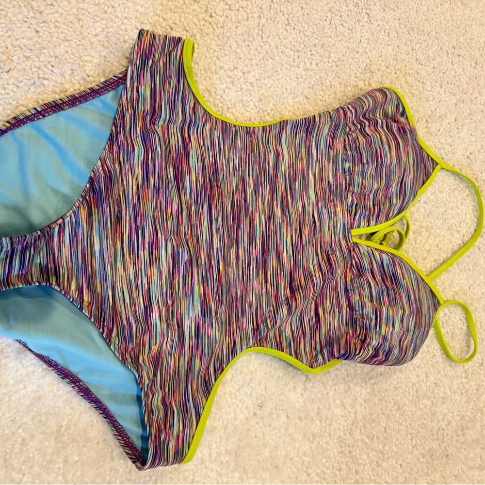 Athleta women’s lg Multicolor One-Piece Swimsuit with Lime Trim